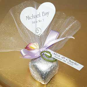 Two Chocolate Hearts Wrapped in Foil with Place Card, Personalized Tag, Satin Ribbon, Tulle, and Decorative Embellishment - Assembled For You