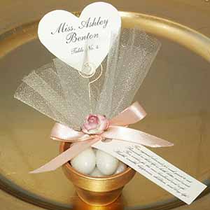 Jordan Almond Favors in Painted Pot with Place Card, Traditional Saying or Personalized Tag, Satin Ribbon, Tulle, and Decorative Embellishment - Assembled For You